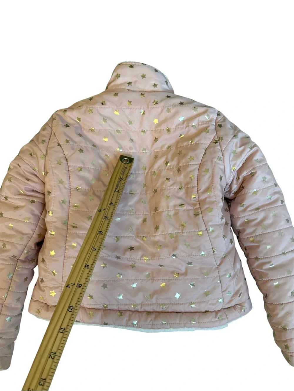 Pink Quilted Puff Jacket with Gold Star Print, Size 5